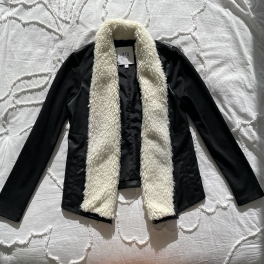 BB Dakota "Jack" Open Front Black Jacket with Cream Faux Shearling - XS